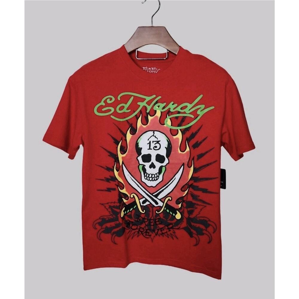 Ed Hardy Tattoo Flame Skull Lucky 13 Tee Red T-Shirt Men’s Size Large Tee NWT